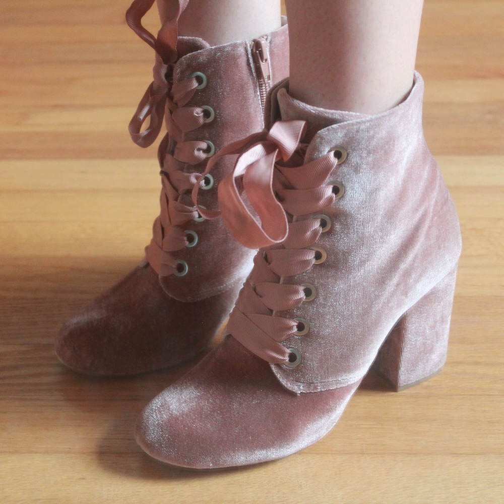 Pink Velvet Lace-up Booties